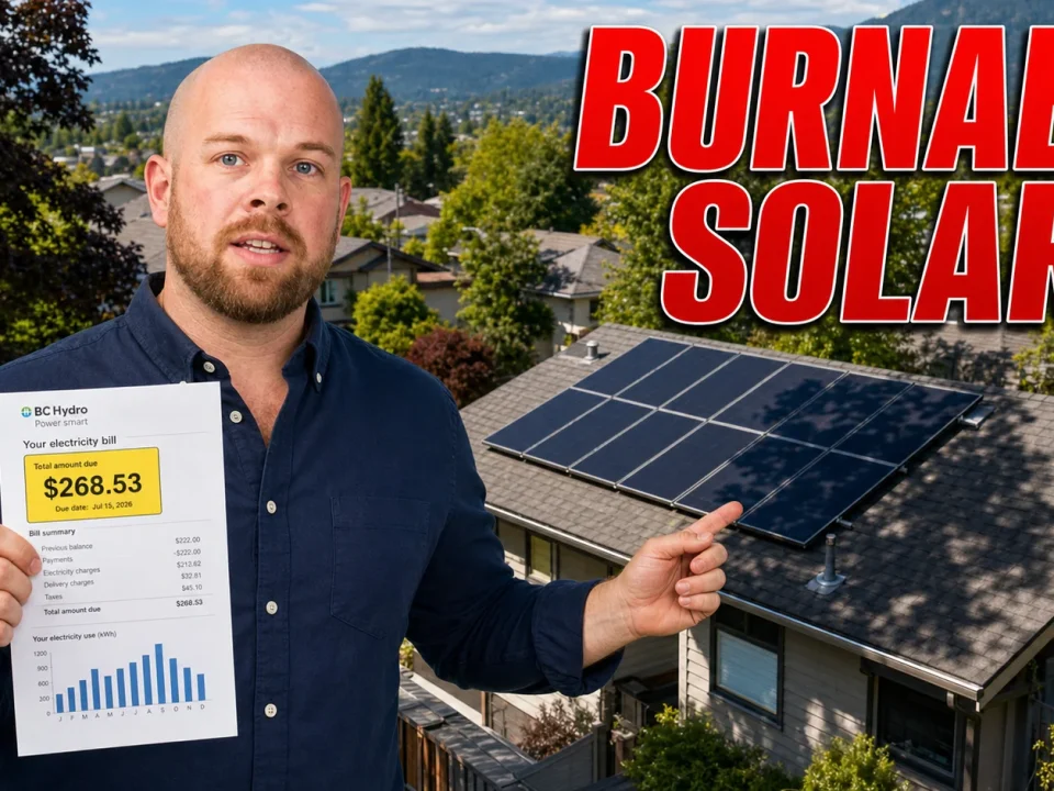 Solar Panels Burnaby 2026: Cost, Rebates, Shade, Roof Risk and Quote Checklist Ray holding an electricity bill beside a shaded Burnaby rooftop solar panel system