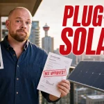 Calgary Balcony Solar Campaign Pushes Canada to Create Plug-In Solar Rules Ray holding a plug-in solar panel and electricity bill on a Calgary apartment balcony while balcony solar rules are questioned