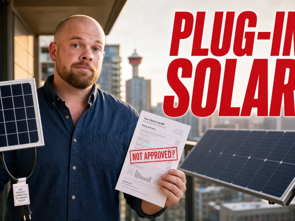 Ray holding a plug-in solar panel and electricity bill on a Calgary apartment balcony while balcony solar rules are questioned