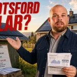 Solar Panels Abbotsford 2026: Cost, Rebates, Fraser Valley Roofs And Farm Loads Ray explaining an Abbotsford solar panel quote beside a Fraser Valley home and barn with rooftop solar panels