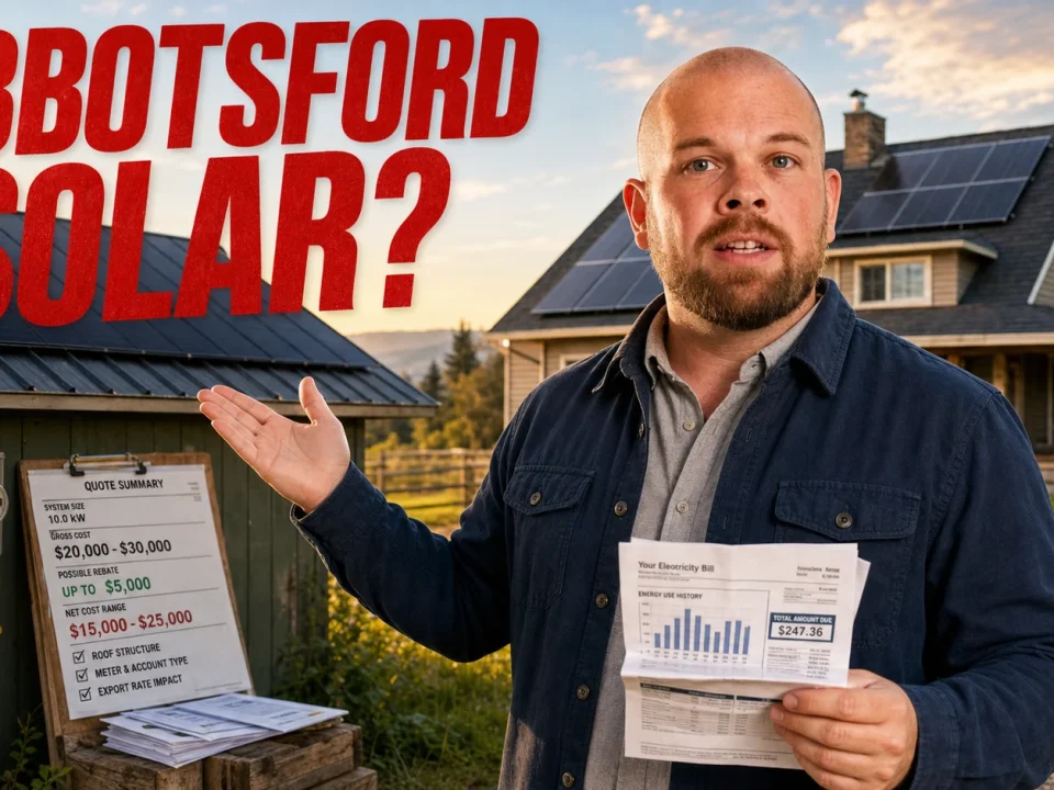 Solar Panels Abbotsford 2026: Cost, Rebates, Fraser Valley Roofs And Farm Loads Ray explaining an Abbotsford solar panel quote beside a Fraser Valley home and barn with rooftop solar panels