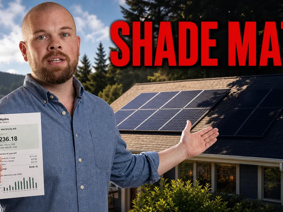 Solar Panels Coquitlam 2026: Cost, Rebates, Shade, Batteries and Quote Checklist Ray holding an electricity bill beside shaded rooftop solar panels for a Coquitlam solar guide