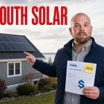 Ray standing outside a Yarmouth home with rooftop solar panels and a power bill for the Yarmouth solar cost guide