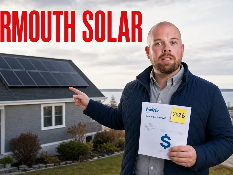 Ray standing outside a Yarmouth home with rooftop solar panels and a power bill for the Yarmouth solar cost guide