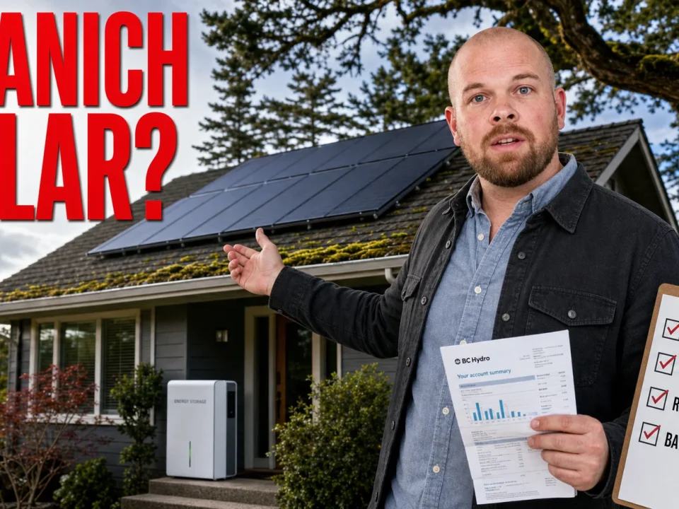 Ray standing in front of a Saanich home with solar panels and red text reading SAANICH SOLAR?