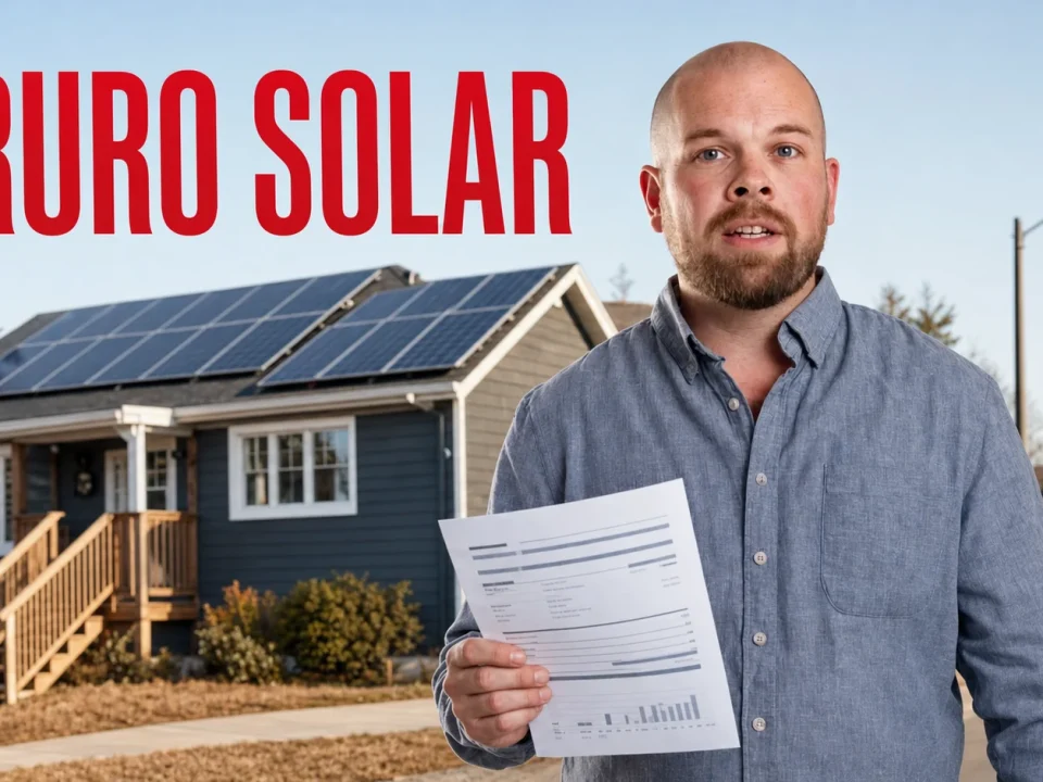 Truro solar cost guide thumbnail showing a homeowner beside a house with rooftop solar panels